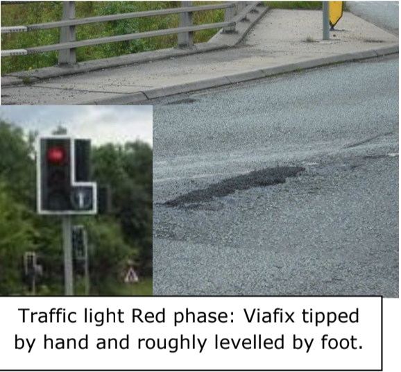 Viafix tipped by hand and roughly leveled by foot to repair pothole